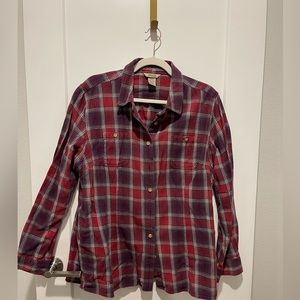 Duluth trading company. Size 2 XL. Reds and purples and cream.